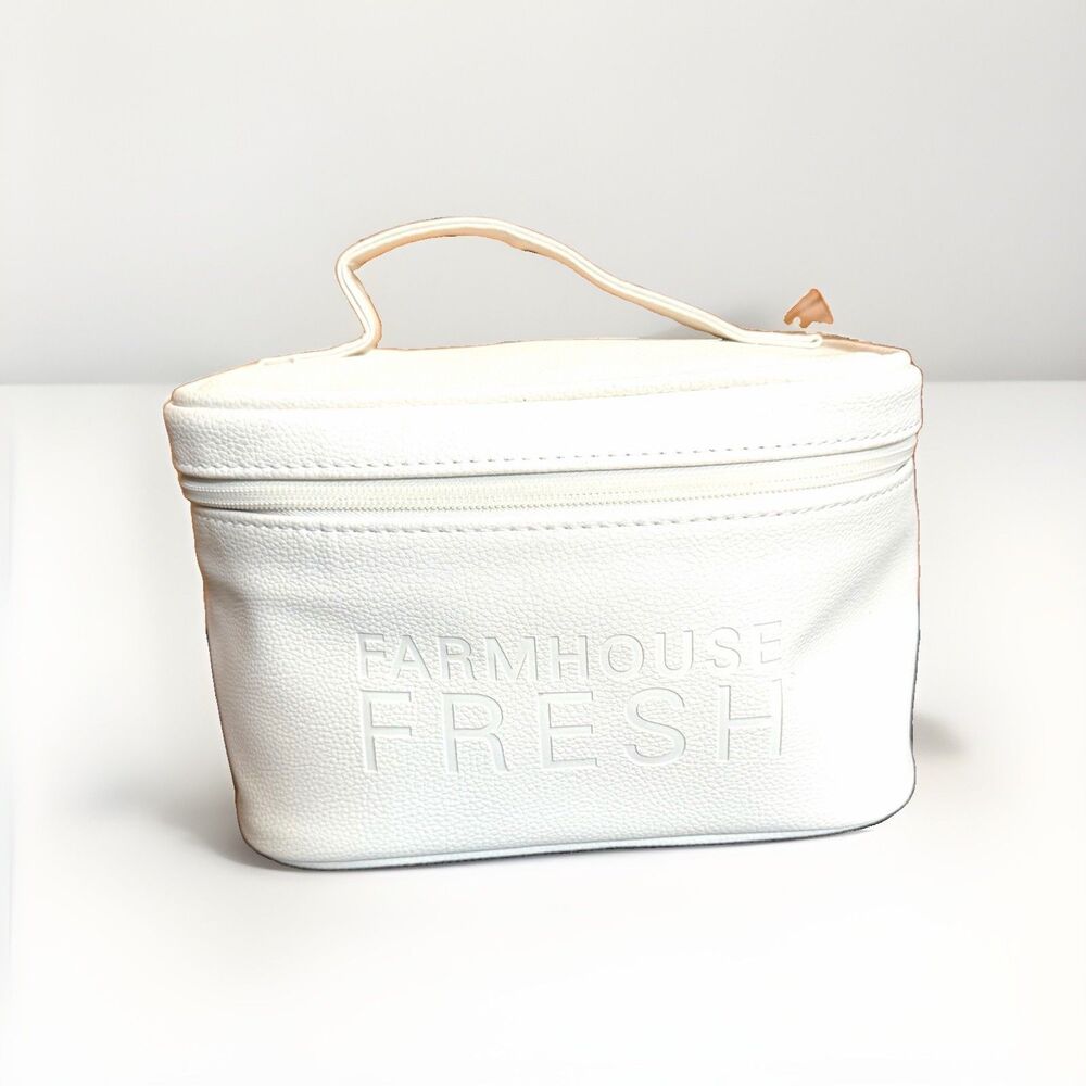 FarmHouse Fresh Makeup Bag Cosmetic Train Case White Vegan Leather Travel